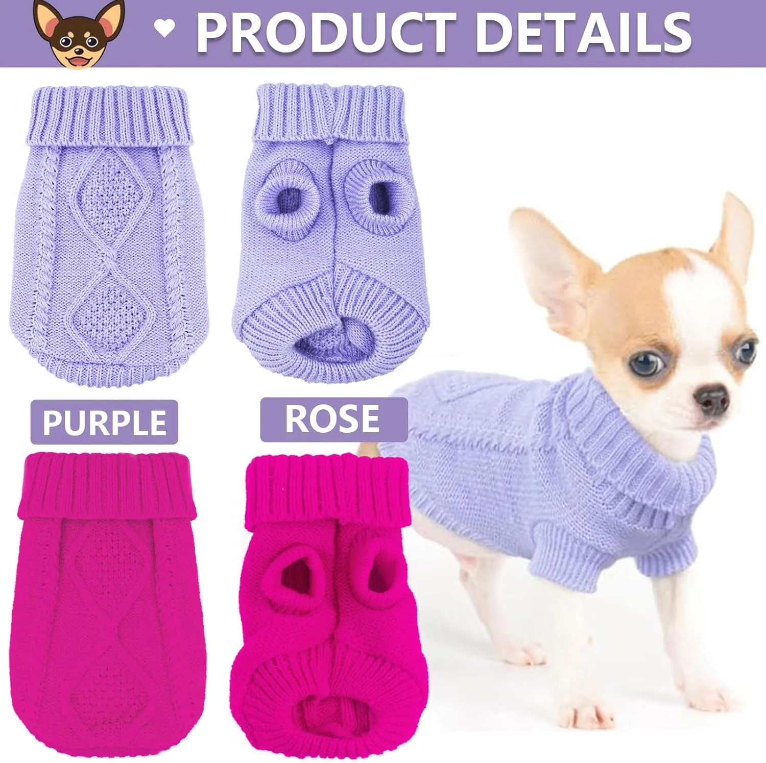 2 Pieces Dog Sweater for Small Dogs Chihuahua Clothes Spring Winter Cute Knitwear Turtleneck Thick Warm Clothes for Yorkie Cat Extra Small Dog Clothes (XX-Small)