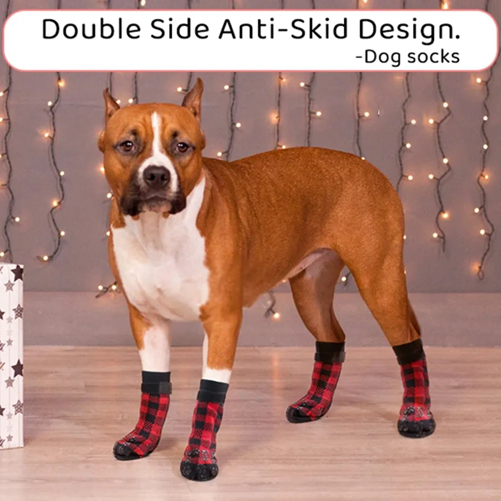 4Pcs Winter Warm Dog Socks - Adjustable Anti Slip Skid Pet Shoes - Soft Breathable Paw Protector for Small Puppy Cat Dogs