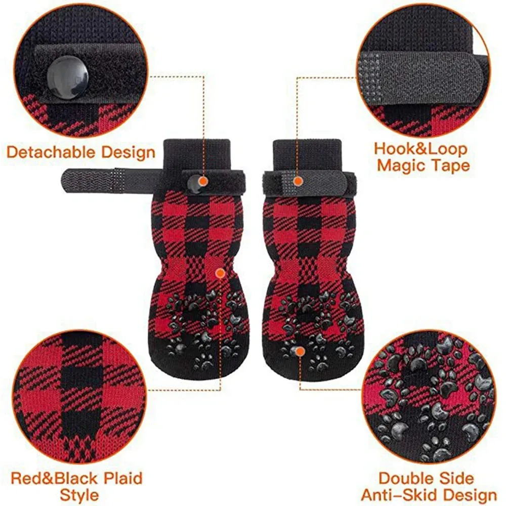 4Pcs Winter Warm Dog Socks - Adjustable Anti Slip Skid Pet Shoes - Soft Breathable Paw Protector for Small Puppy Cat Dogs