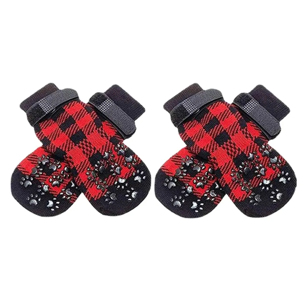 4Pcs Winter Warm Dog Socks - Adjustable Anti Slip Skid Pet Shoes - Soft Breathable Paw Protector for Small Puppy Cat Dogs