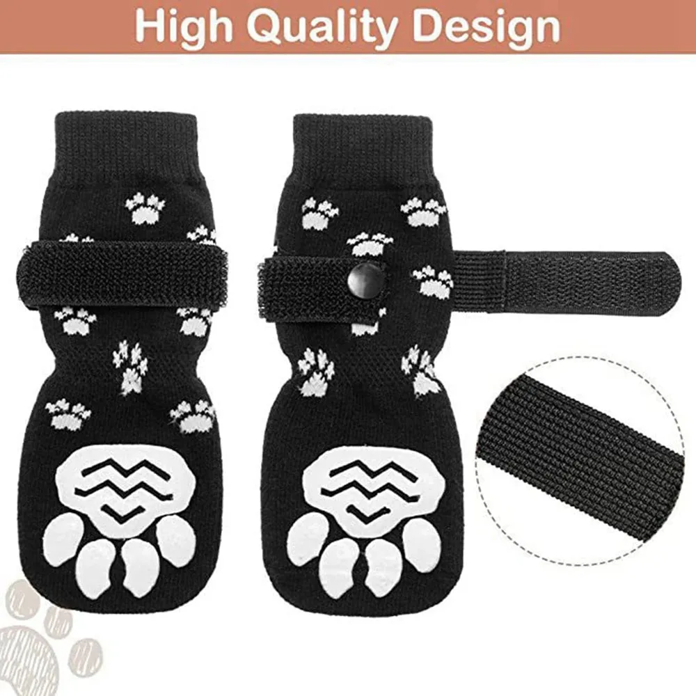 4Pcs Winter Warm Dog Socks - Adjustable Anti Slip Skid Pet Shoes - Soft Breathable Paw Protector for Small Puppy Cat Dogs