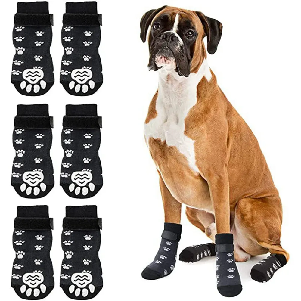 4Pcs Winter Warm Dog Socks - Adjustable Anti Slip Skid Pet Shoes - Soft Breathable Paw Protector for Small Puppy Cat Dogs