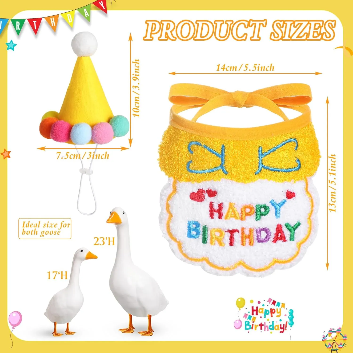 Abbylike Happy Birthday Goose Outfit Lawn Porch Goose Outfits with Party Hat Bandana for 23" 17" Cement Plastic Duck Decor(Yellow)