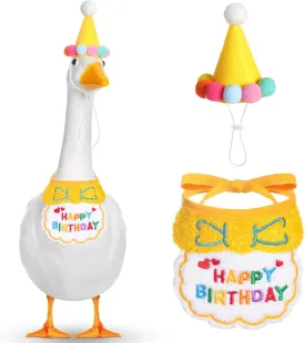 Abbylike Happy Birthday Goose Outfit Lawn Porch Goose Outfits with Party Hat Bandana for 23" 17" Cement Plastic Duck Decor(Yellow)