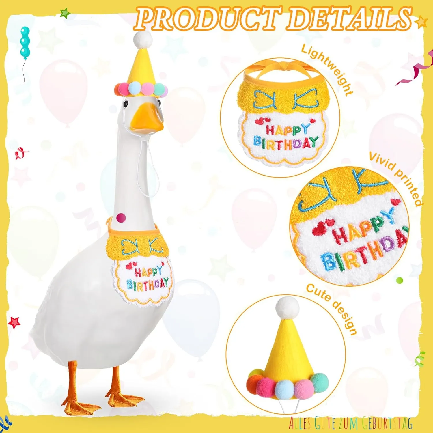 Abbylike Happy Birthday Goose Outfit Lawn Porch Goose Outfits with Party Hat Bandana for 23" 17" Cement Plastic Duck Decor(Yellow)