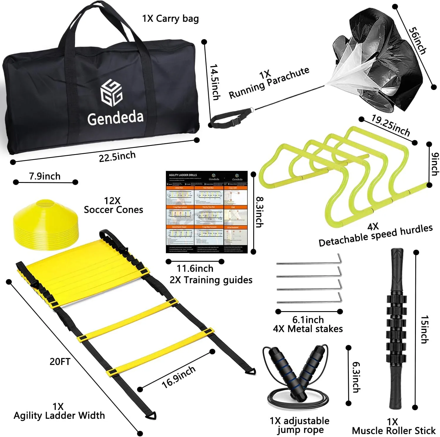 Agility Ladder Speed Training Equipment Set-20ft Fixed-Width Agility Ladder 4 Adjustable Hurdles Running Parachute Jump Rope Speed Training Equipment for Soccer Football Basketball