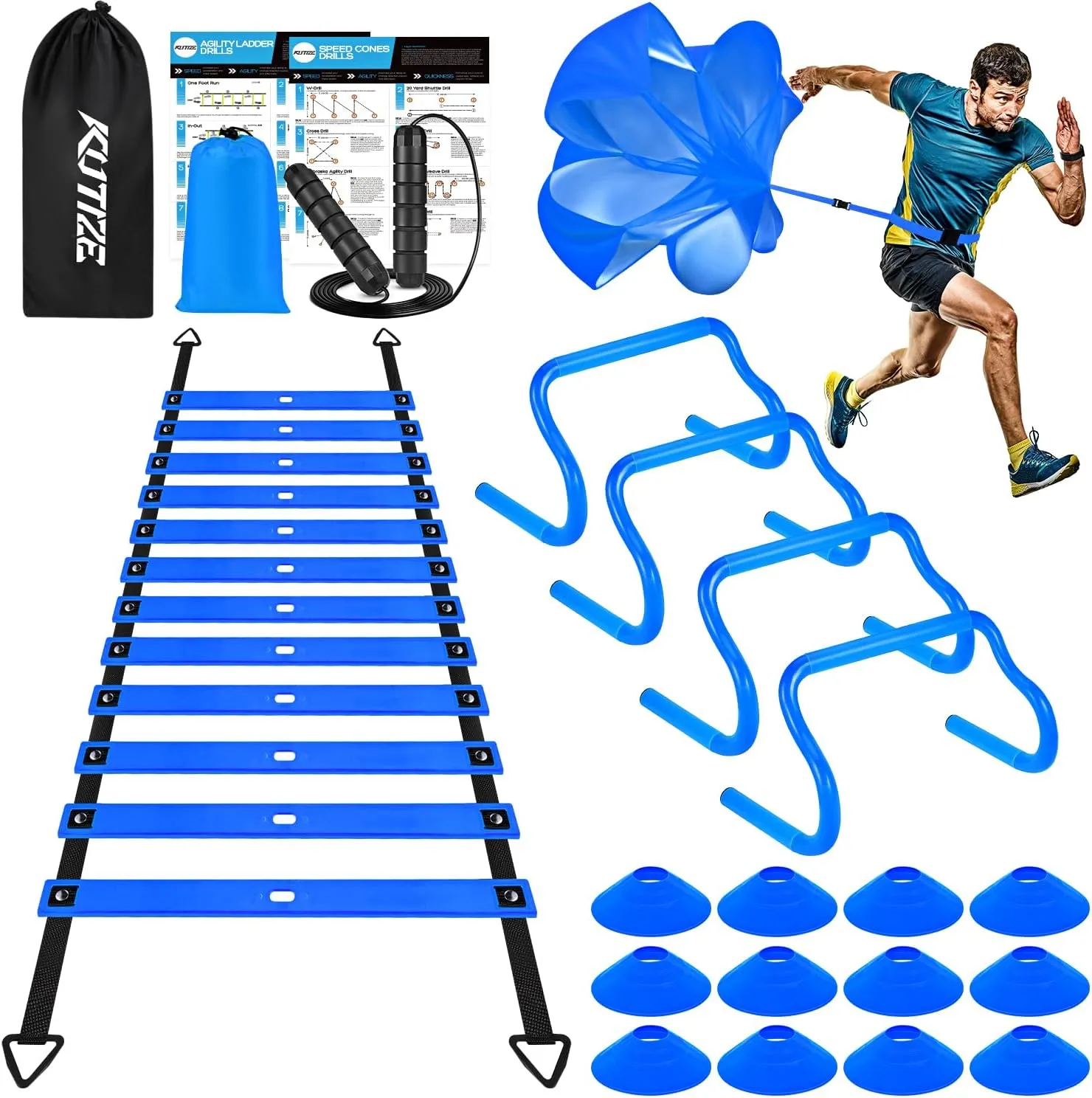 Agility Training Equipment, Soccer Training Equipment, Agility Speed Training Set for Kid Youth Adults, 20FT Agility Ladder, 4 Hurdles,12 Soccer Cones, Jump Rope, Running Parachute, Drill Charts