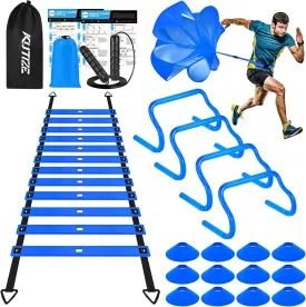 Agility Training Equipment, Soccer Training Equipment, Agility Speed Training Set for Kid Youth Adults, 20FT Agility Ladder, 4 Hurdles,12 Soccer Cones, Jump Rope, Running Parachute, Drill Charts