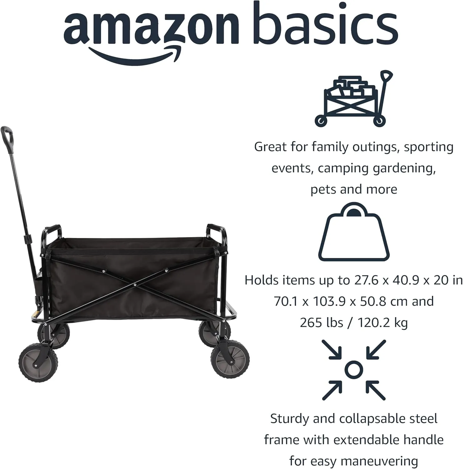 Amazon Basics Collapsible Folding Outdoor Utility Wagon for Sports, Garden, Camping, and Shopping, Heavy Duty, Large Capacity, Black
