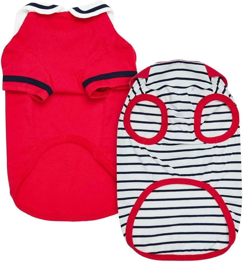 Blueberry Pet Soft & Comfy Summer Vacation Beach Cotton Dog T-Shirts, Cerise Red, 2 Pack, Sailor Suit Shirts Tank Top Clothes, Back Length 18"