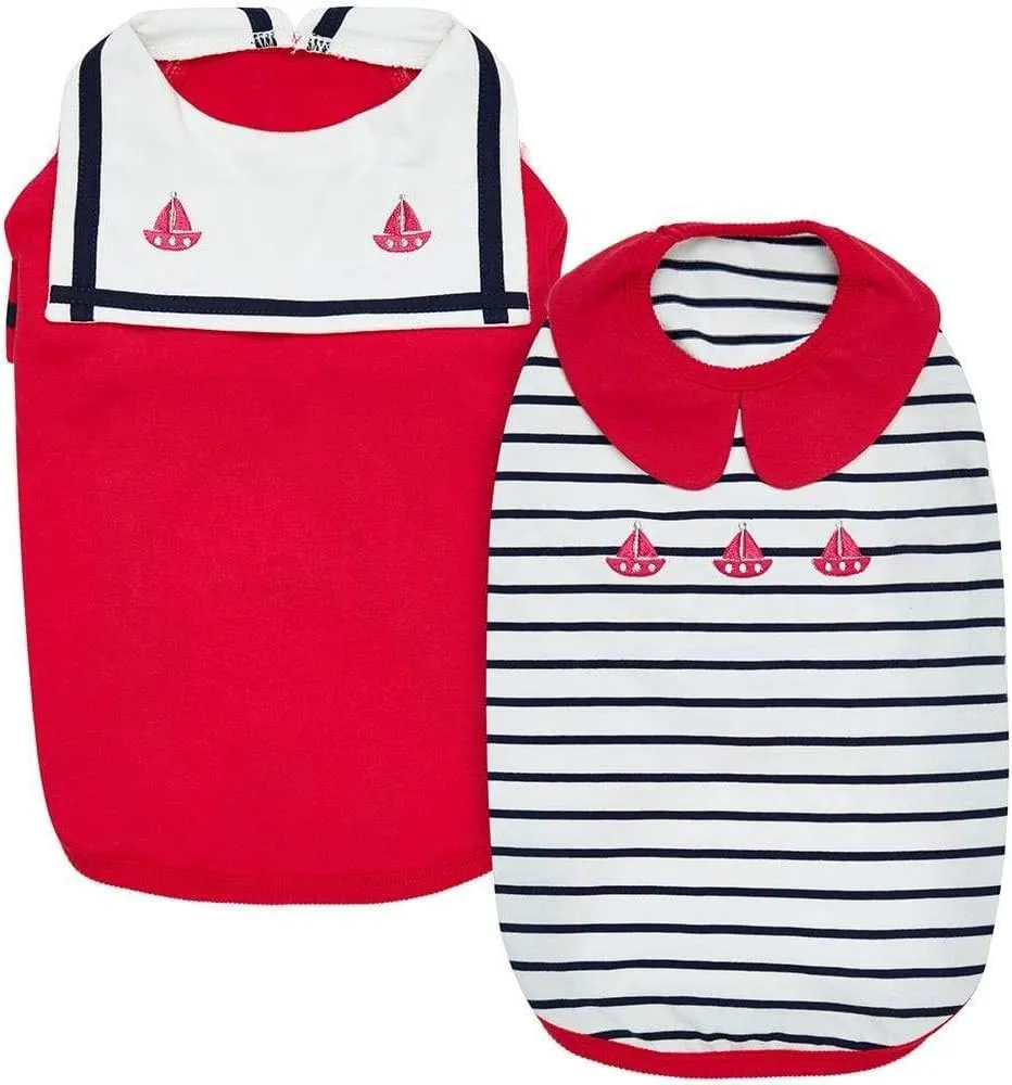 Blueberry Pet Soft & Comfy Summer Vacation Beach Cotton Dog T-Shirts, Cerise Red, 2 Pack, Sailor Suit Shirts Tank Top Clothes, Back Length 18"
