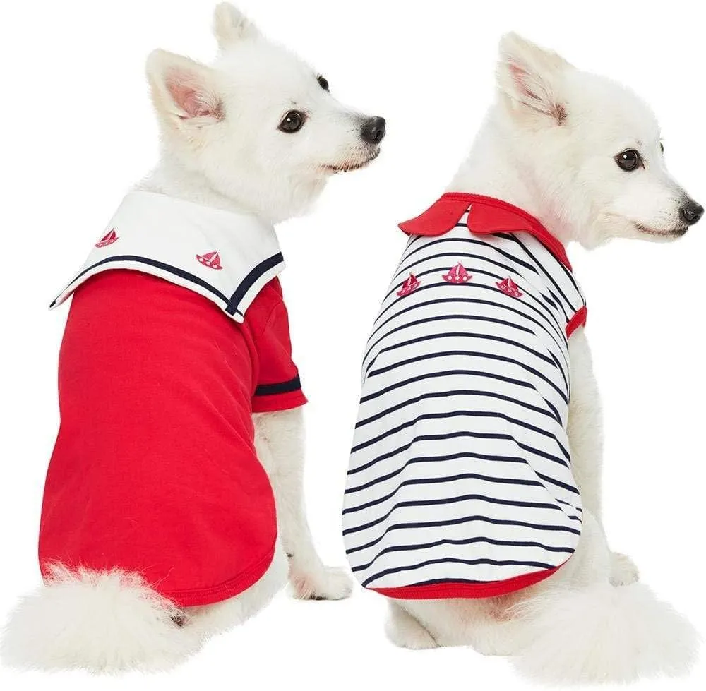 Blueberry Pet Soft & Comfy Summer Vacation Beach Cotton Dog T-Shirts, Cerise Red, 2 Pack, Sailor Suit Shirts Tank Top Clothes, Back Length 18"