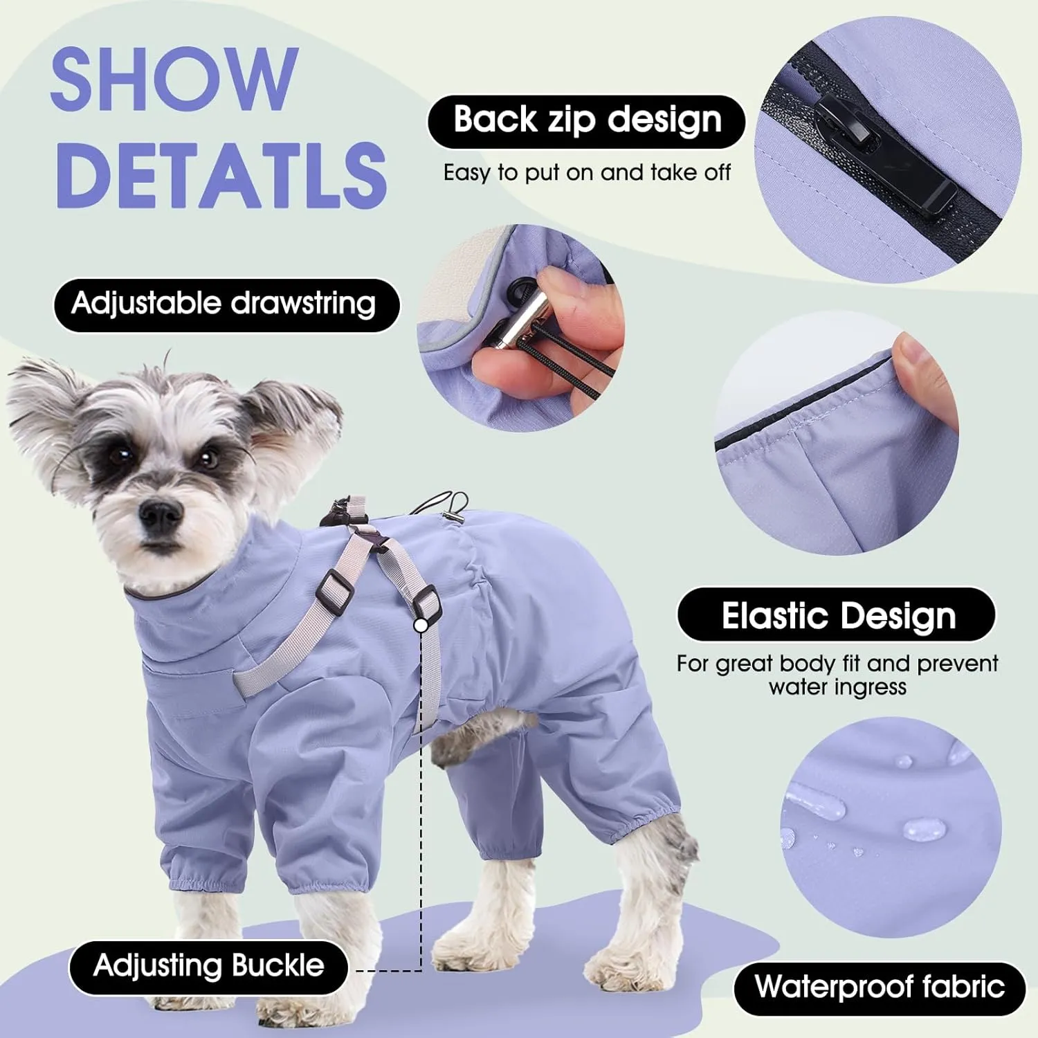 BRKURLEG Dog Raincoat for Small Dogs, Small Dog Rain Jacket with Harness Built in, Waterproof 4 Legs Puppy Raincoats, Puppy Outdoor Jacket with Reflective Strip, Purple, M