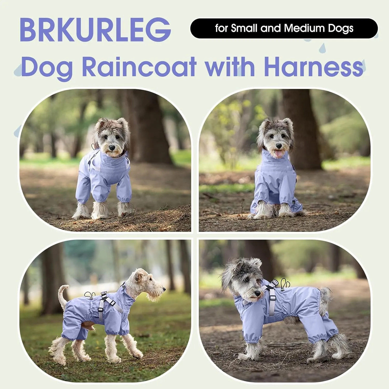 BRKURLEG Dog Raincoat for Small Dogs, Small Dog Rain Jacket with Harness Built in, Waterproof 4 Legs Puppy Raincoats, Puppy Outdoor Jacket with Reflective Strip, Purple, M