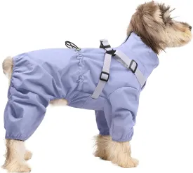 BRKURLEG Dog Raincoat for Small Dogs, Small Dog Rain Jacket with Harness Built in, Waterproof 4 Legs Puppy Raincoats, Puppy Outdoor Jacket with Reflective Strip, Purple, M