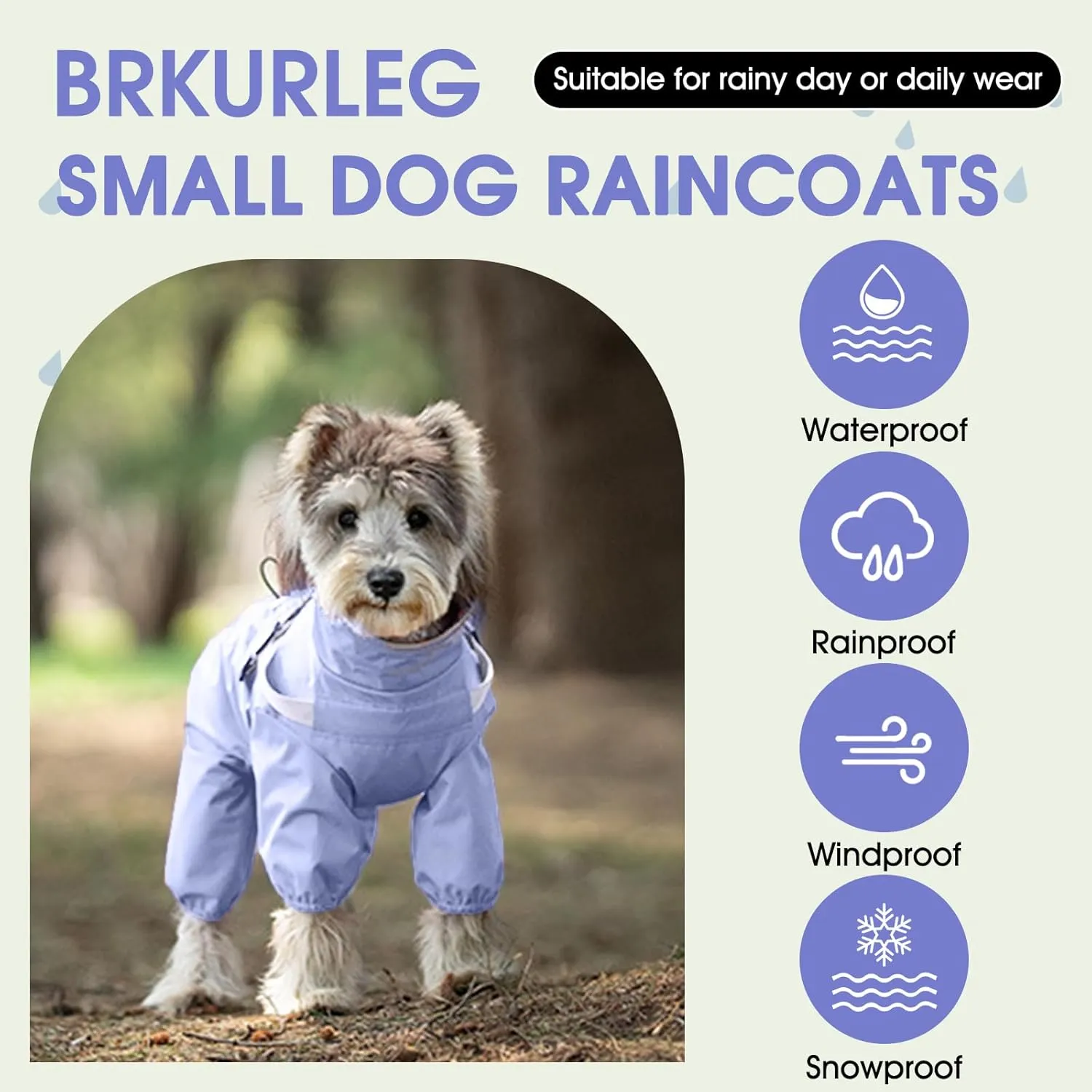 BRKURLEG Dog Raincoat for Small Dogs, Small Dog Rain Jacket with Harness Built in, Waterproof 4 Legs Puppy Raincoats, Puppy Outdoor Jacket with Reflective Strip, Purple, M