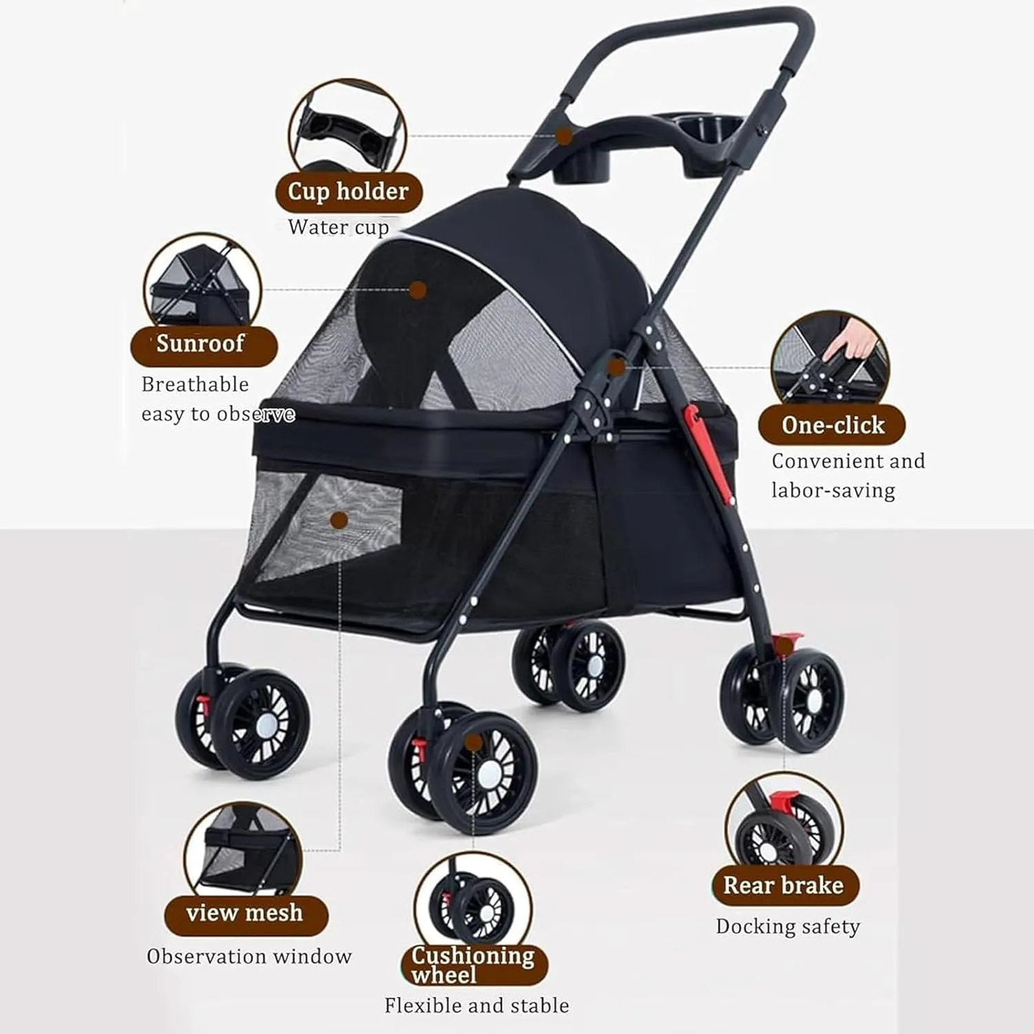 Cat Dog Stroller, Lightweight Travel Pet Stroller for Small Medium Dogs & Cats with 360 Degree Front Wheel Swivel, Rear Wheel Breaks, 2 Security Leashes, Cup Holder, Storage Basket,Blue