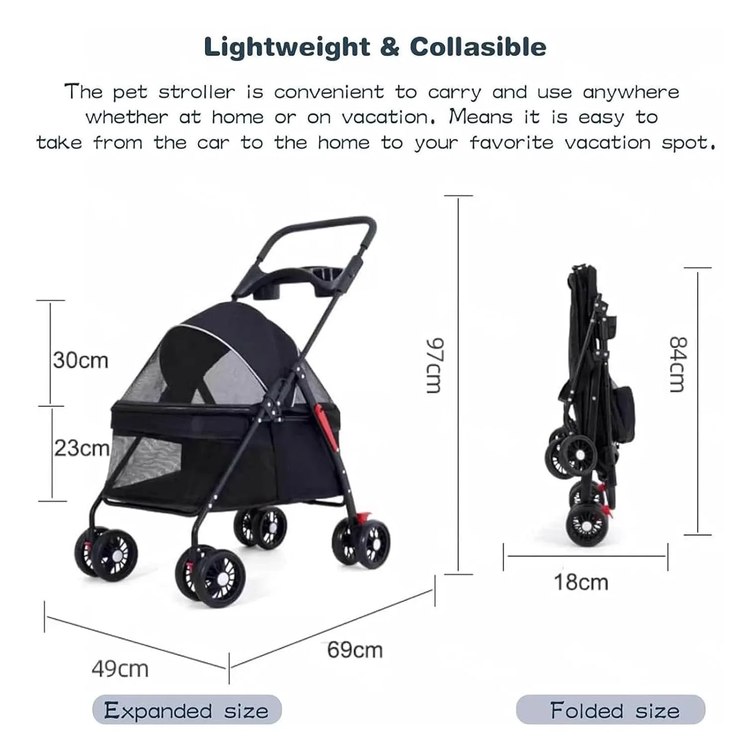 Cat Dog Stroller, Lightweight Travel Pet Stroller for Small Medium Dogs & Cats with 360 Degree Front Wheel Swivel, Rear Wheel Breaks, 2 Security Leashes, Cup Holder, Storage Basket,Blue