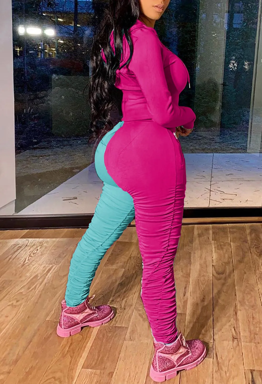 Color Block Tracksuit Long Sleeve Hoodie leggings with ruching