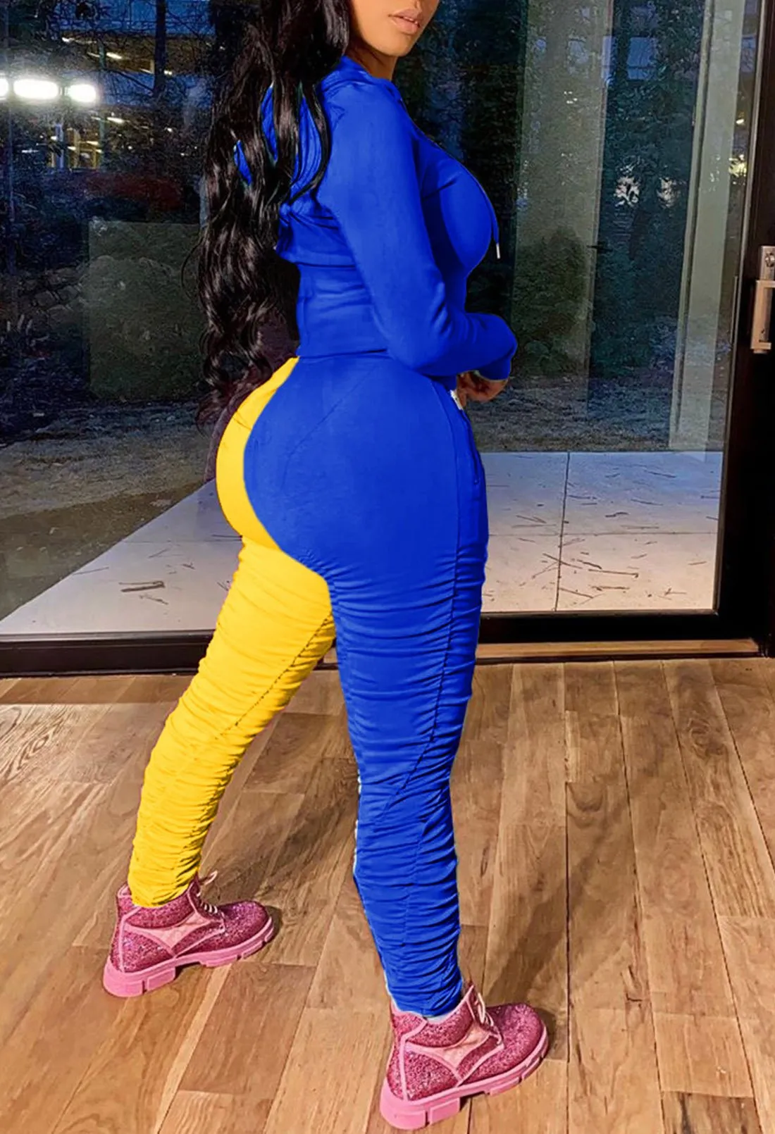 Color Block Tracksuit Long Sleeve Hoodie leggings with ruching