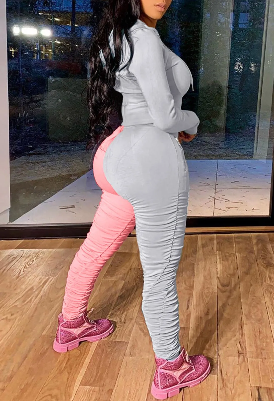 Color Block Tracksuit Long Sleeve Hoodie leggings with ruching