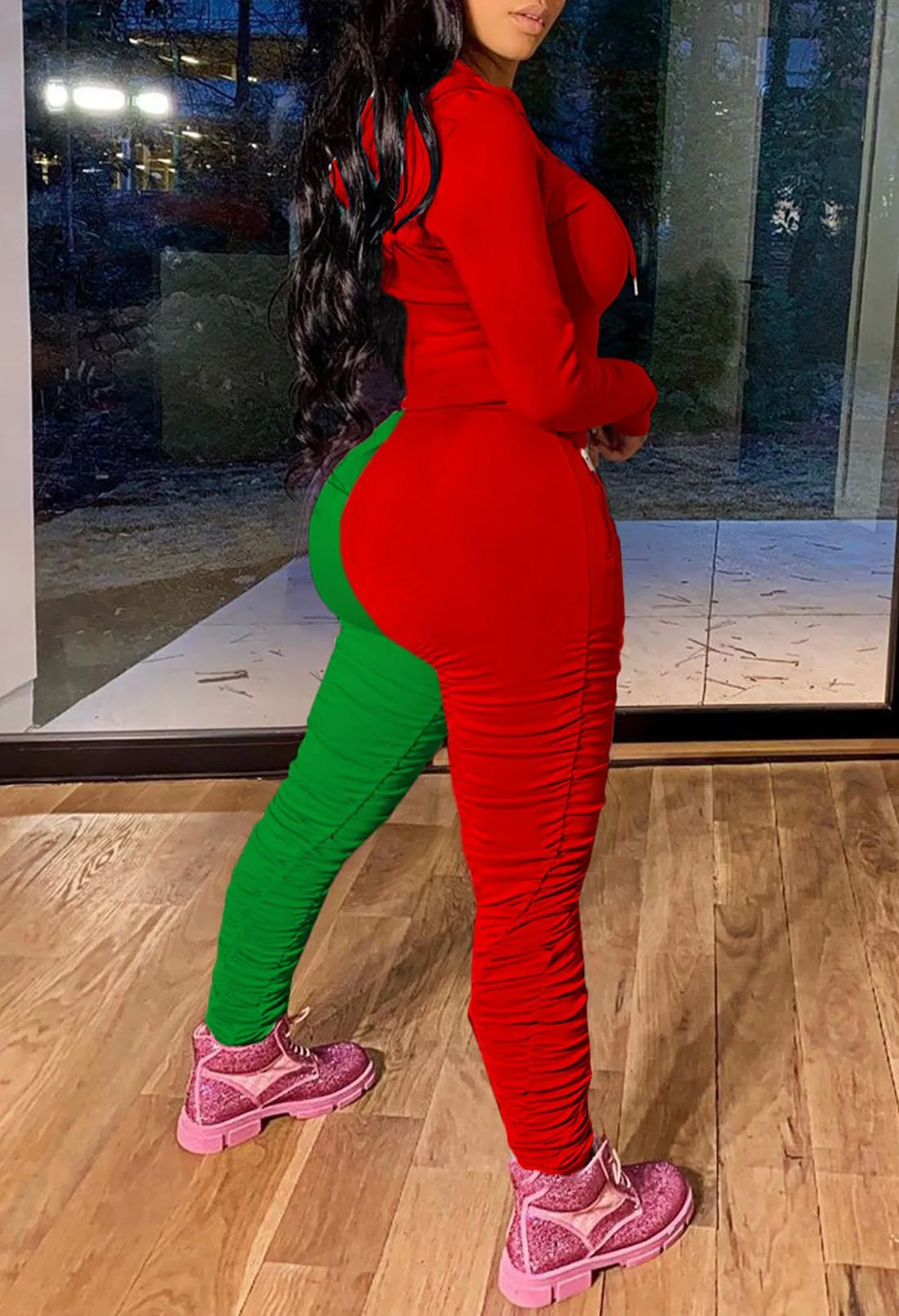 Color Block Tracksuit Long Sleeve Hoodie leggings with ruching