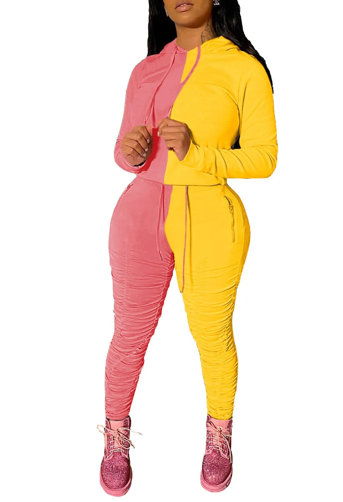 Color Block Tracksuit Long Sleeve Hoodie leggings with ruching