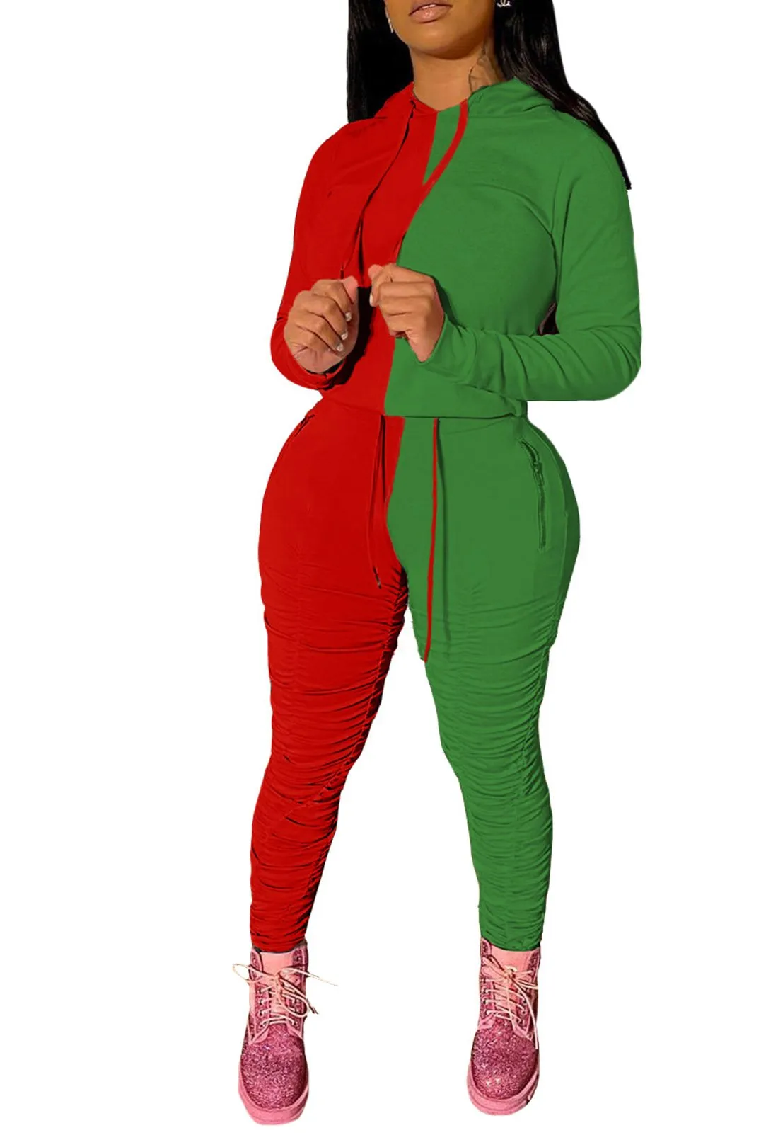 Color Block Tracksuit Long Sleeve Hoodie leggings with ruching
