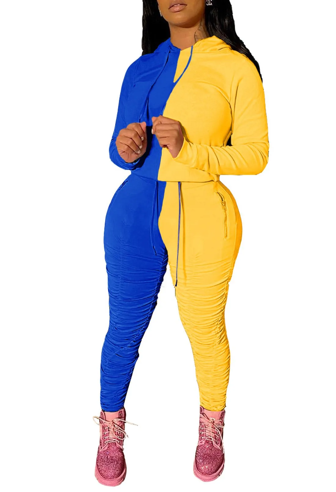 Color Block Tracksuit Long Sleeve Hoodie leggings with ruching