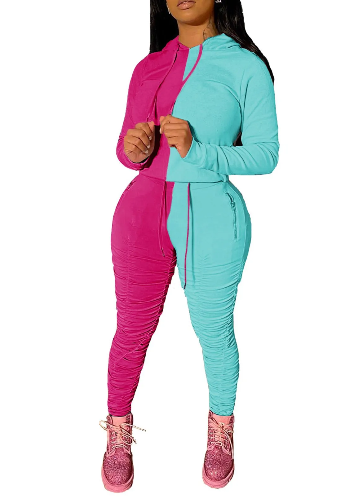 Color Block Tracksuit Long Sleeve Hoodie leggings with ruching