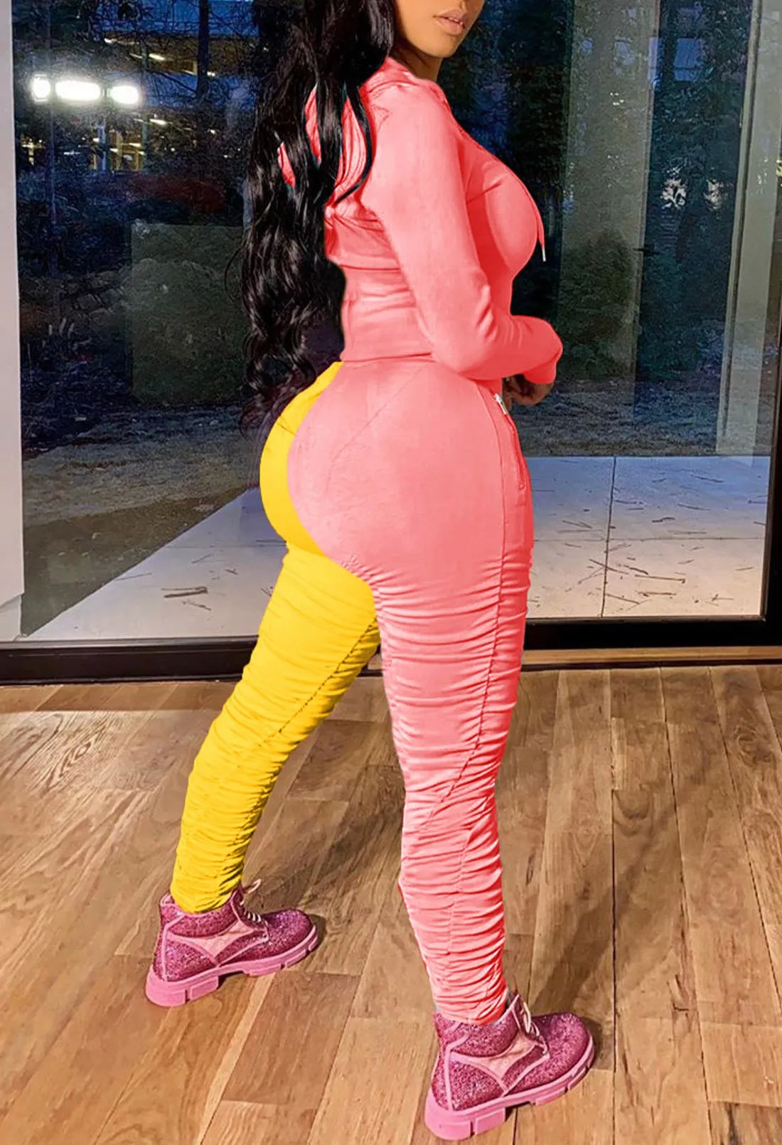 Color Block Tracksuit Long Sleeve Hoodie leggings with ruching
