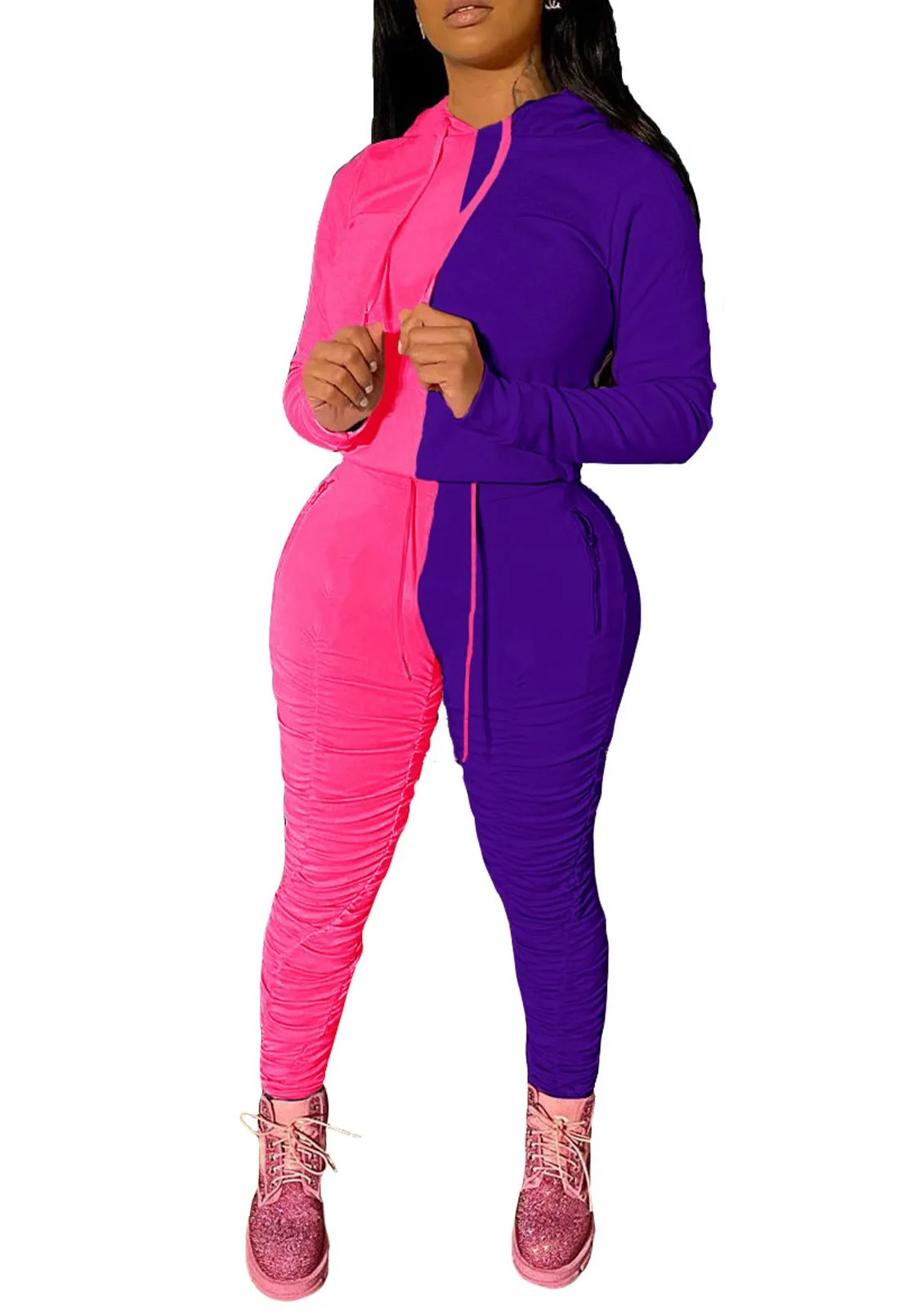 Color Block Tracksuit Long Sleeve Hoodie leggings with ruching