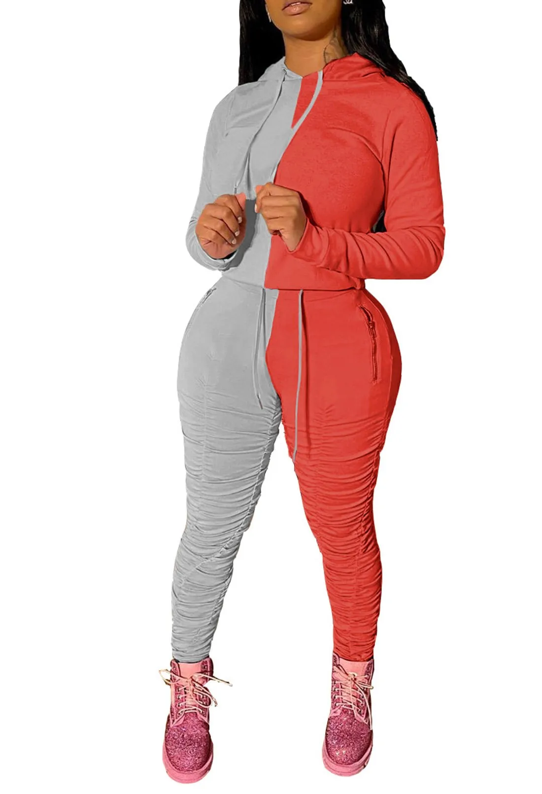 Color Block Tracksuit Long Sleeve Hoodie leggings with ruching