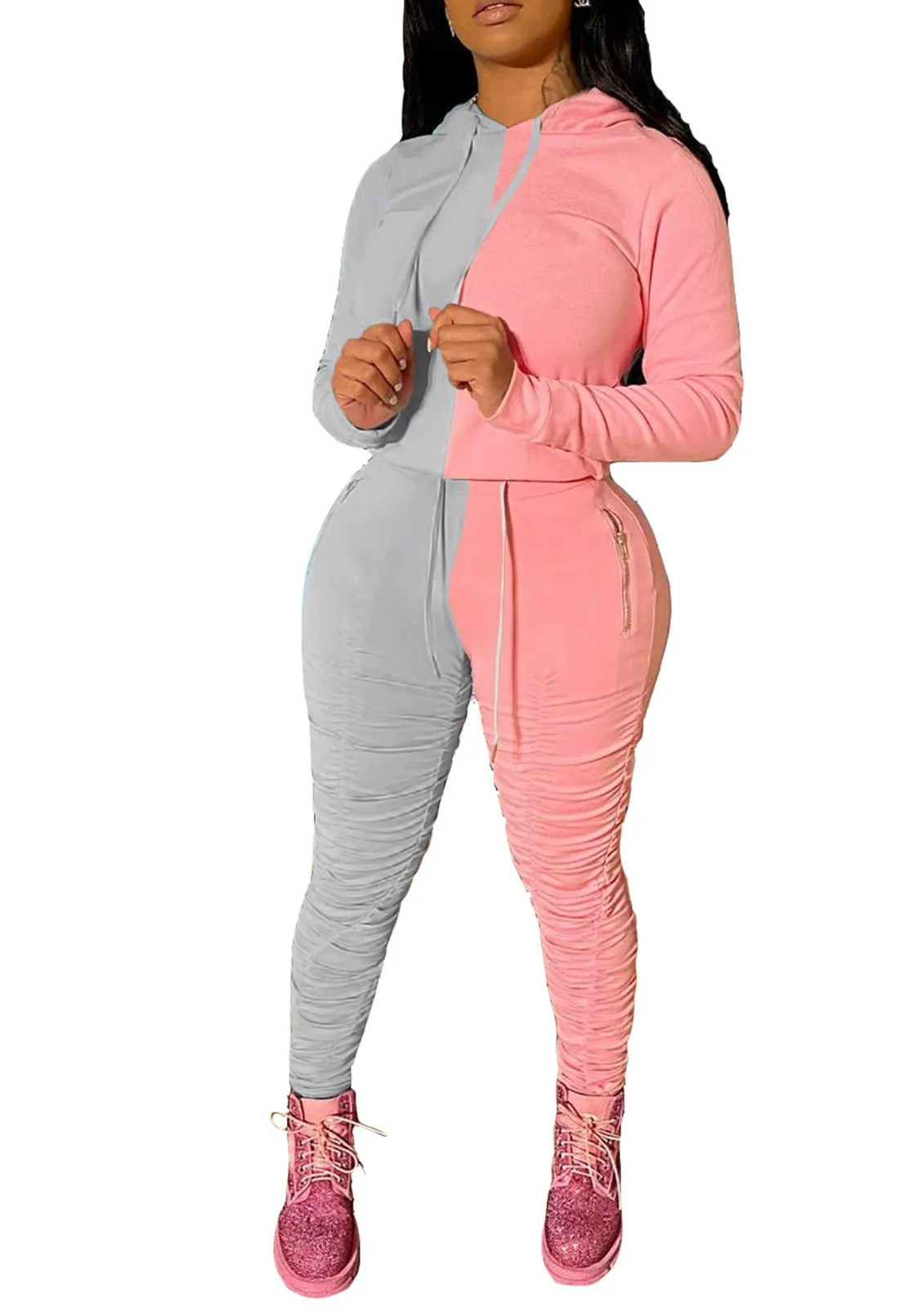Color Block Tracksuit Long Sleeve Hoodie leggings with ruching