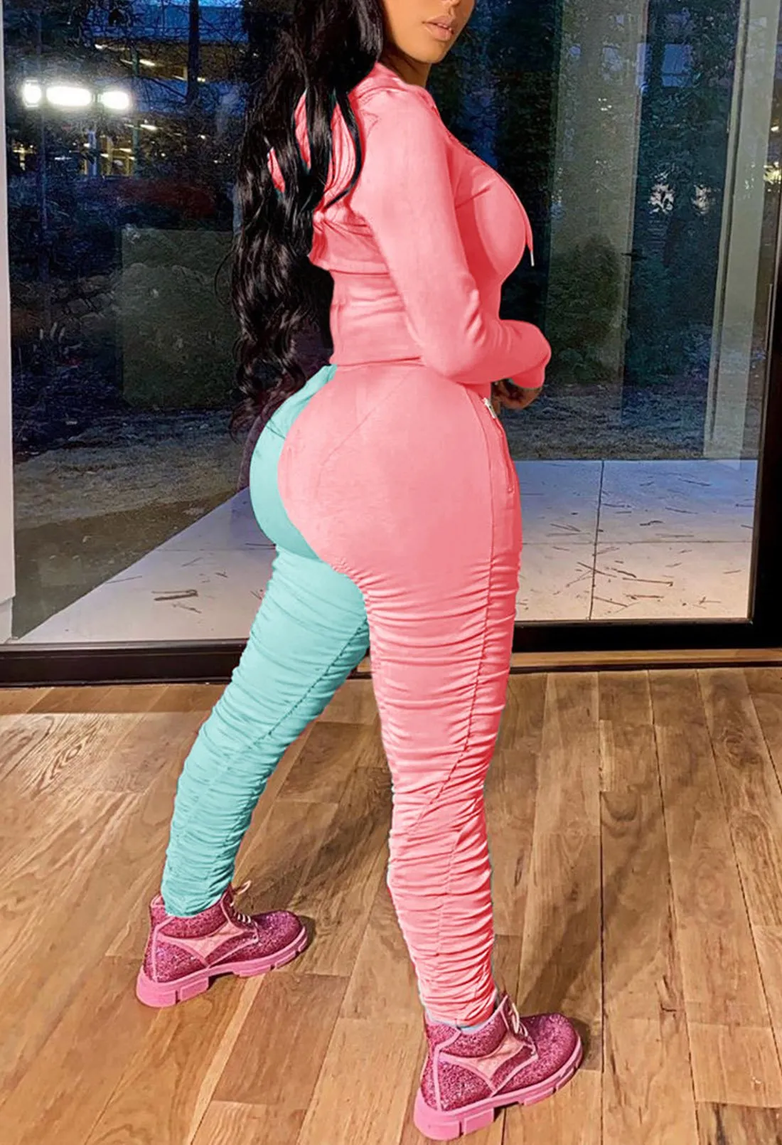 Color Block Tracksuit Long Sleeve Hoodie leggings with ruching