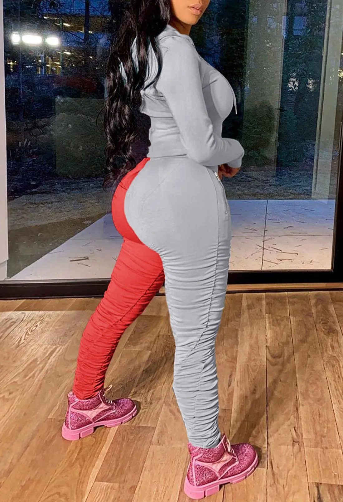 Color Block Tracksuit Long Sleeve Hoodie leggings with ruching