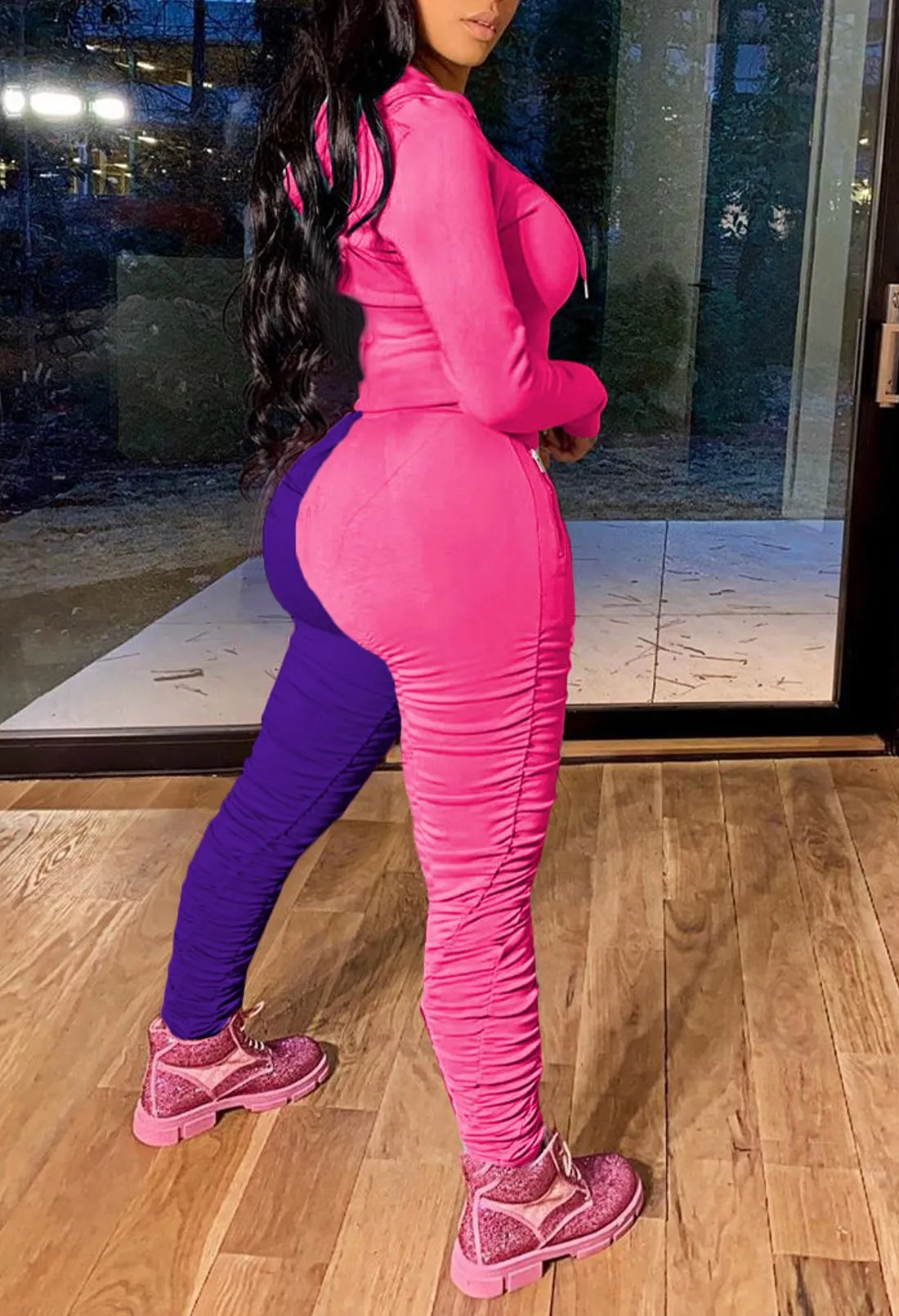Color Block Tracksuit Long Sleeve Hoodie leggings with ruching