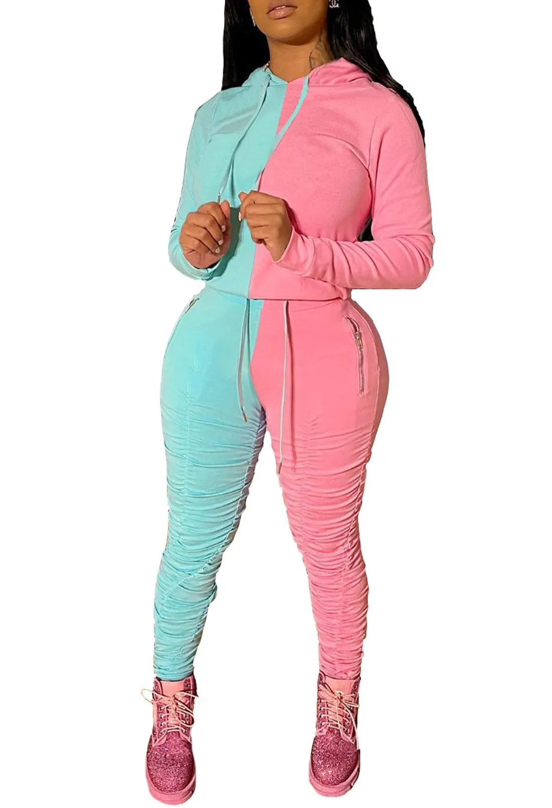 Color Block Tracksuit Long Sleeve Hoodie leggings with ruching