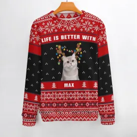 Custom Pet Face&Name Ugly Sweater Round Neck Sweater for Christmas Long Sleeve Lightweight Sweater Tops