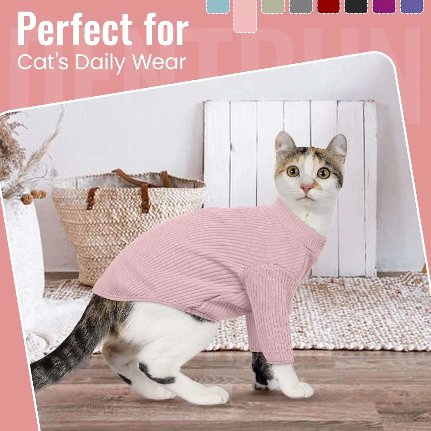 DENTRUN Sphynx Hairless Cats Shirt Pullover Kitten T-Shirts, Breathable Cat Wear Turtleneck Sweater Adorable Cat's Clothes Vest Pajamas Jumpsuit