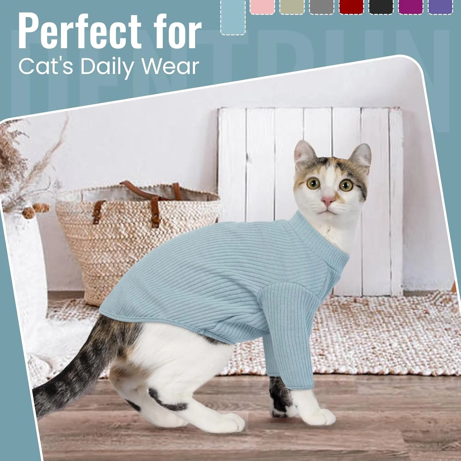 DENTRUN Sphynx Hairless Cats Shirt Pullover Kitten T-Shirts, Breathable Cat Wear Turtleneck Sweater Adorable Cat's Clothes Vest Pajamas Jumpsuit
