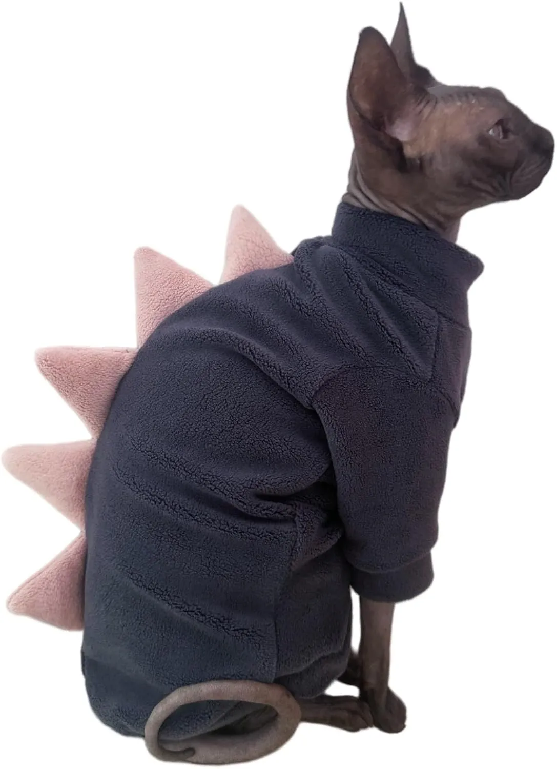 Dinosaur Sphynx Cat Clothes, Soft Polar Fleece Sweater for Cat, Elastic Pet Clothes Thick Winter Warm Outfit for Hairless Cat, Devon, Cornish, Small Dogs Apparel with Sleeves (Grey, Large)