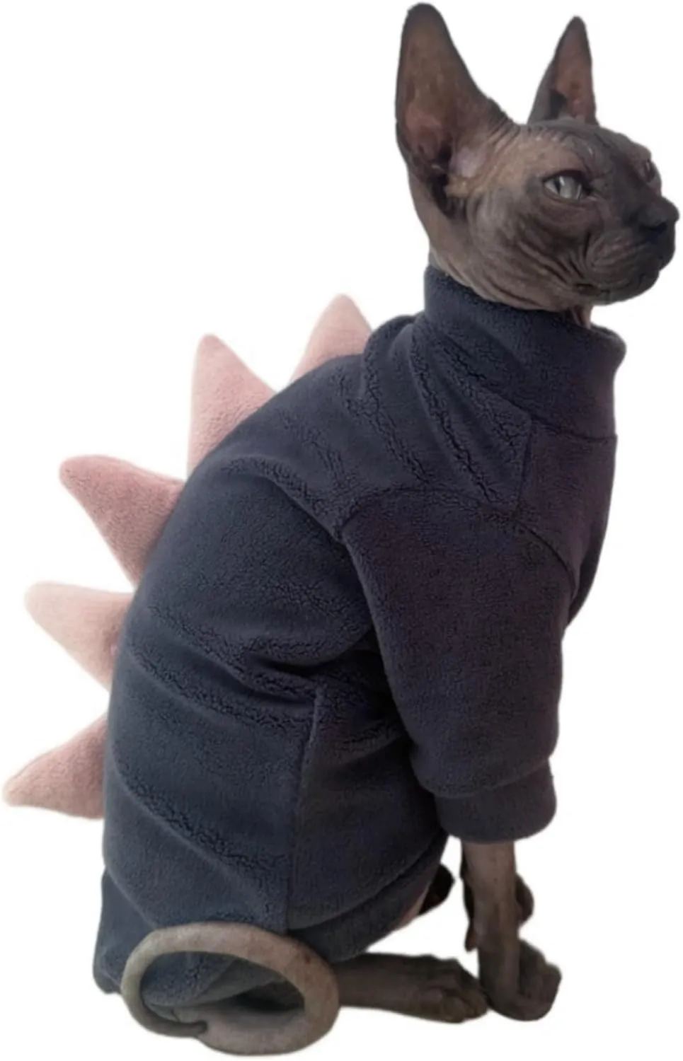 Dinosaur Sphynx Cat Clothes, Soft Polar Fleece Sweater for Cat, Elastic Pet Clothes Thick Winter Warm Outfit for Hairless Cat, Devon, Cornish, Small Dogs Apparel with Sleeves (Grey, Large)