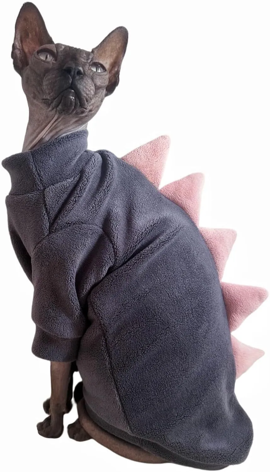 Dinosaur Sphynx Cat Clothes, Soft Polar Fleece Sweater for Cat, Elastic Pet Clothes Thick Winter Warm Outfit for Hairless Cat, Devon, Cornish, Small Dogs Apparel with Sleeves (Grey, Large)