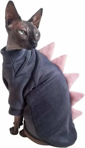 Dinosaur Sphynx Cat Clothes, Soft Polar Fleece Sweater for Cat, Elastic Pet Clothes Thick Winter Warm Outfit for Hairless Cat, Devon, Cornish, Small Dogs Apparel with Sleeves (Grey, Large)