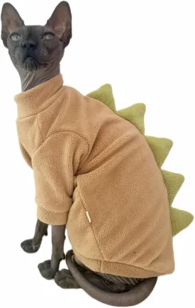 Dinosaur Sphynx Cat Clothes, Soft Polar Fleece Sweater for Cat, Elastic Pet Clothes Thick Winter Warm Outfit for Hairless Cat, Devon, Cornish, Small Dogs Apparel with Sleeves (Khaki, Large)