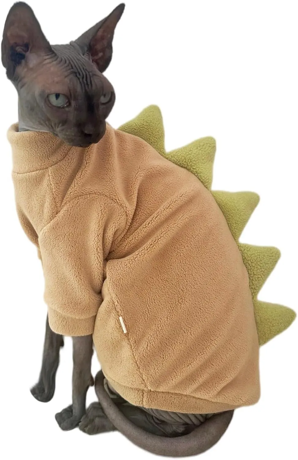 Dinosaur Sphynx Cat Clothes, Soft Polar Fleece Sweater for Cat, Elastic Pet Clothes Thick Winter Warm Outfit for Hairless Cat, Devon, Cornish, Small Dogs Apparel with Sleeves (Khaki, Large)