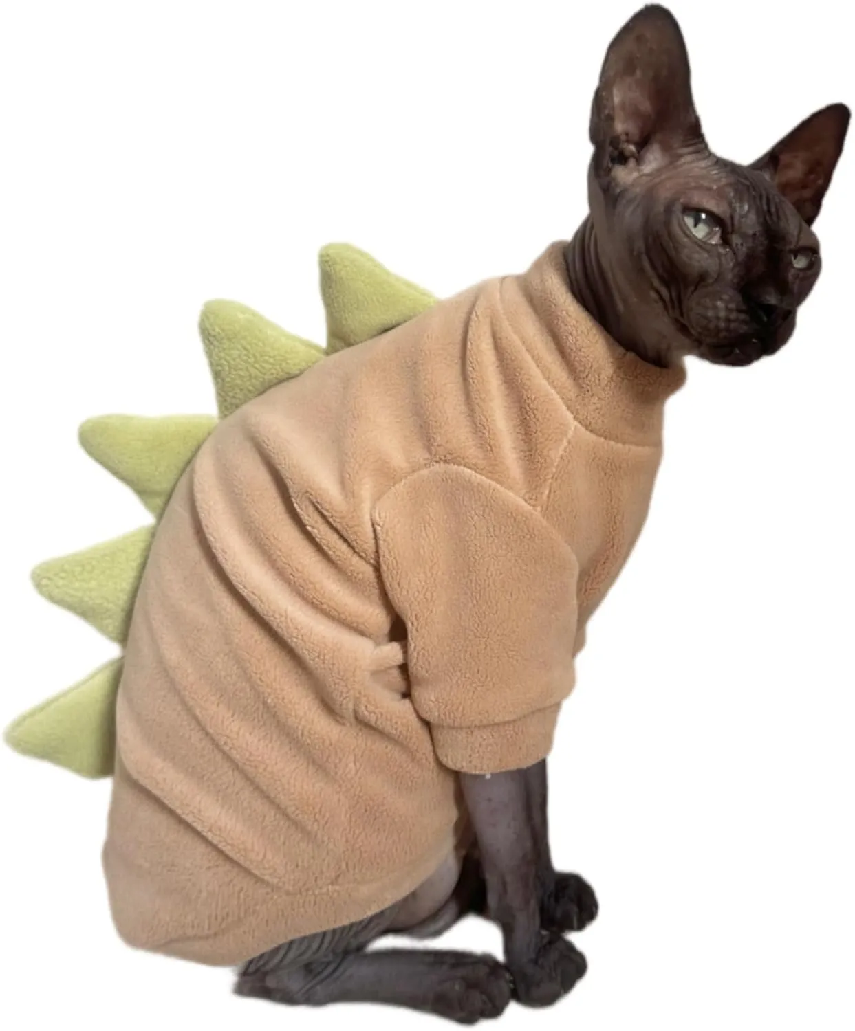 Dinosaur Sphynx Cat Clothes, Soft Polar Fleece Sweater for Cat, Elastic Pet Clothes Thick Winter Warm Outfit for Hairless Cat, Devon, Cornish, Small Dogs Apparel with Sleeves (Khaki, Large)