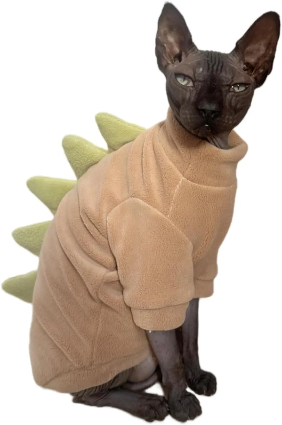 Dinosaur Sphynx Cat Clothes, Soft Polar Fleece Sweater for Cat, Elastic Pet Clothes Thick Winter Warm Outfit for Hairless Cat, Devon, Cornish, Small Dogs Apparel with Sleeves (Khaki, Large)