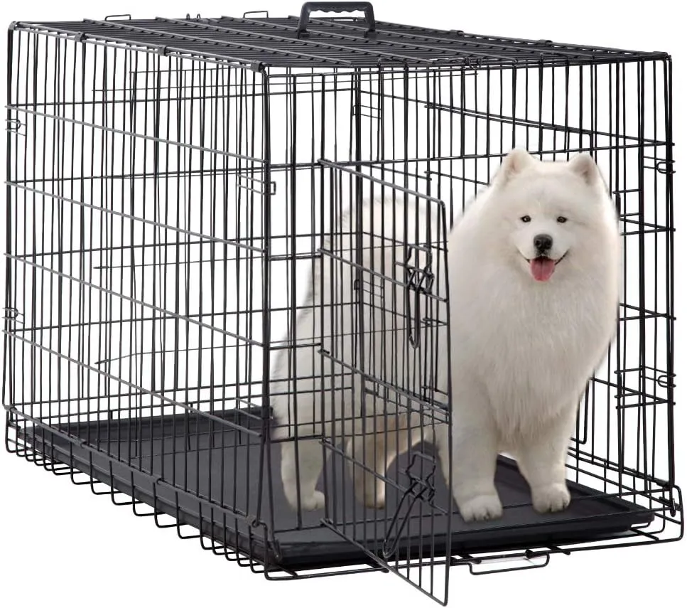 Dog Crate Large Dog Crate 48 Inch Double-Door Folding Medium Dog Kennel Wire Pet Cage with Divider Plastic Tray, Indoor Outdoor Travel Camping Pet Playpen for Large Medium Dogs